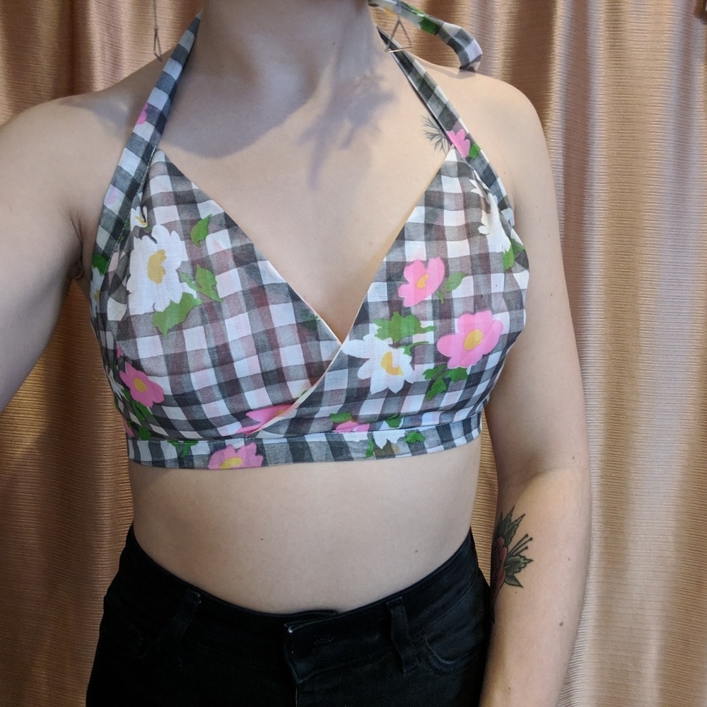 Floral check halter bra top reversible